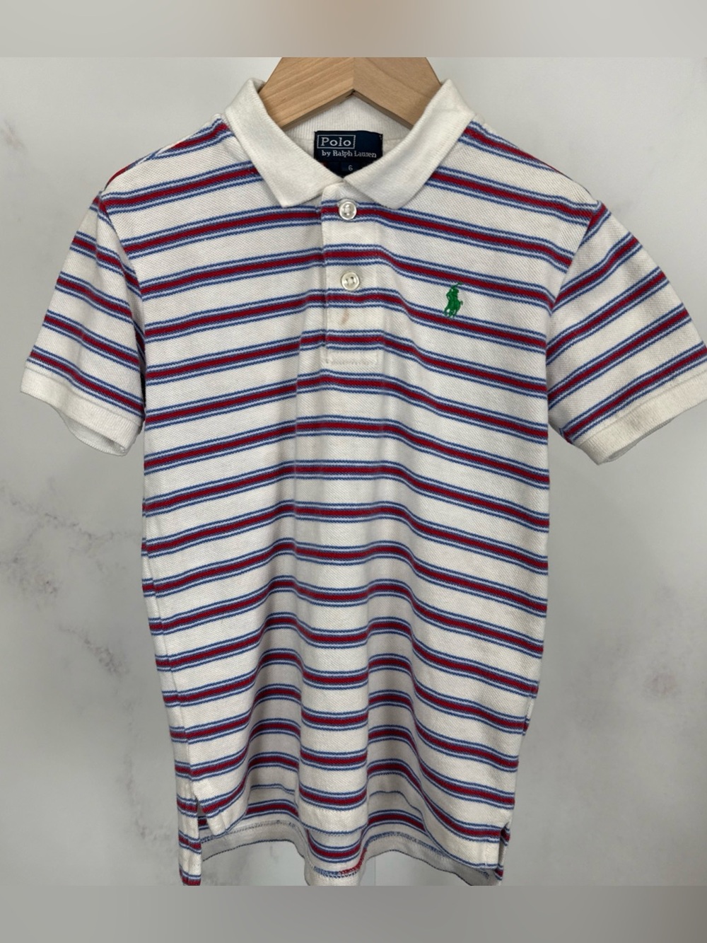 Polo Ralph Lauren Boys White With Red/blue Stripes Cotton Polo Size 6